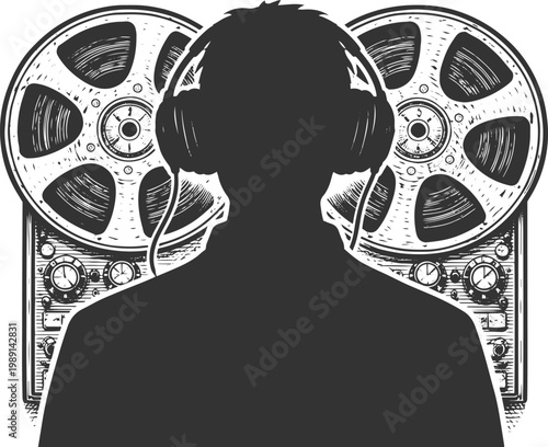 Vintage Reel Tape Recorder with Headphones Silhouette Retro Audio Illustration