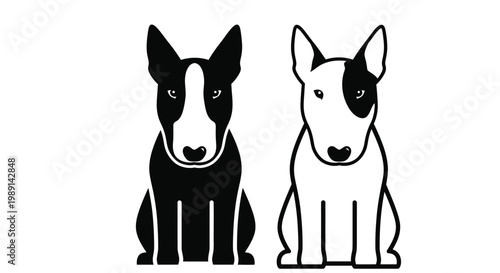 Minimalist vector illustration of two distinctive bull terrier dogs with contrasting black and white monochrome designs.