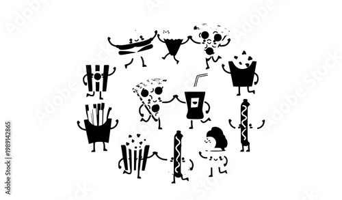 Cute fast food friends vector set, funny cartoon burger, fries, pizza and drink characters in playful group illustration