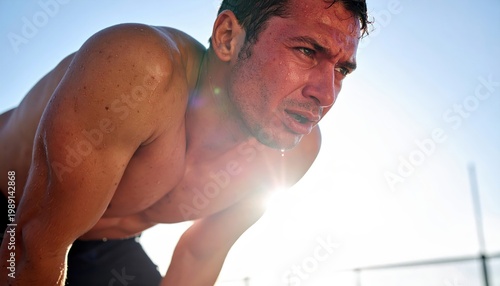 Heat Stroke Muscular man sweating and resting after intense outdoor workout in bright sunlight