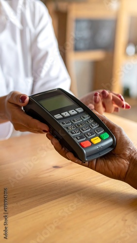Close-up of hands exchanging a payment device over a wooden table