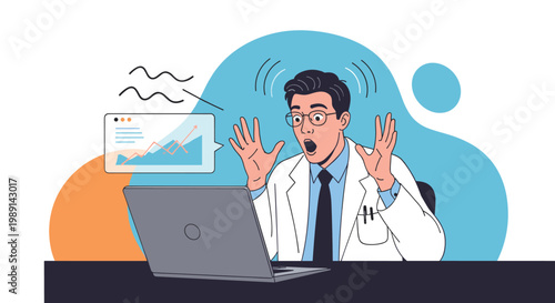 Shocked male doctor sitting at his laptop and looking at a rising business growth chart with surprise and excitement.