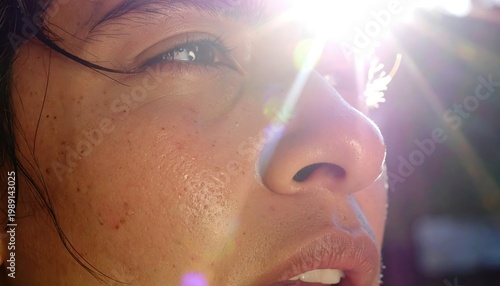 Heat Stroke Close-up of a person’s face with sunlight and lens flare effects