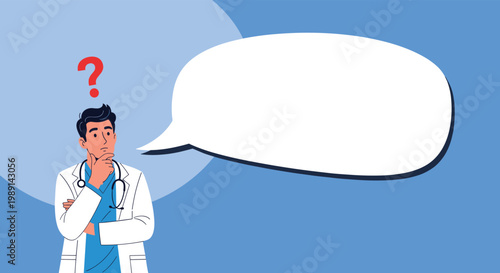 Pensive male doctor in a white coat with a stethoscope thinking with a large empty speech bubble for your text space.