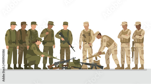 vector of different army troops making peace, carrying out a ceasefire 23
