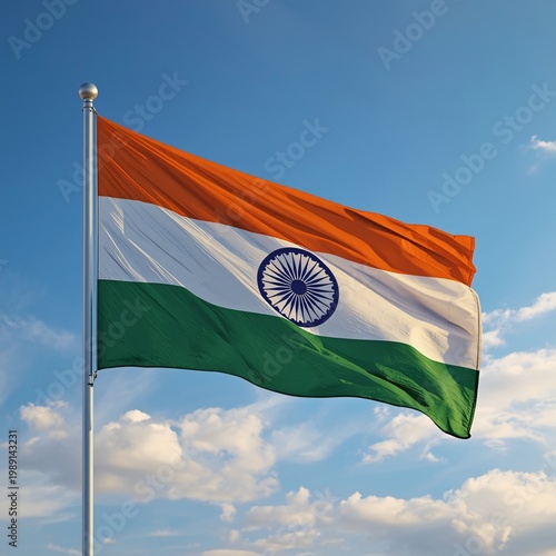Indian Tricolor Flag Waving Against Blue Sky – Hyperrealistic India National Flag with Ashoka Chakra and Golden Hour Lighting