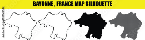 Bayonne france map silhouette pack containing outline solid and halftone point mesh style city border graphics.
