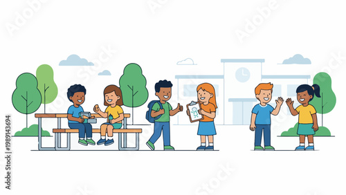 Illustration of diverse children interacting in a schoolyard setting, showing friendship and communication among students.
