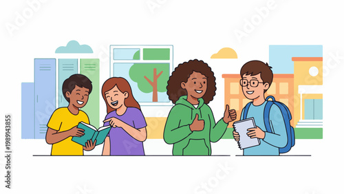 Diverse group of happy school children interacting, reading books, and using tablets in a friendly educational setting.