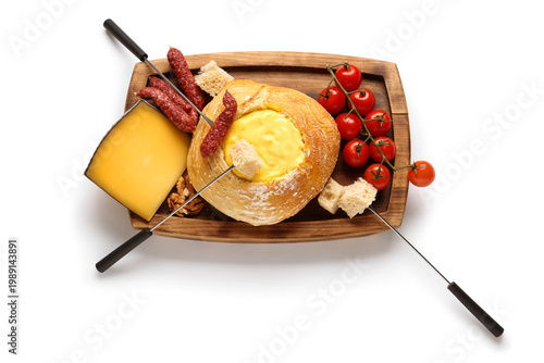 Cheese fondue in bread with...