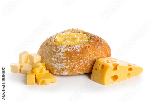 Cheese fondue in bread isol...