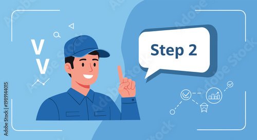 Friendly service worker in a blue uniform and cap pointing to a speech bubble with the text step 2 on a blue background.
