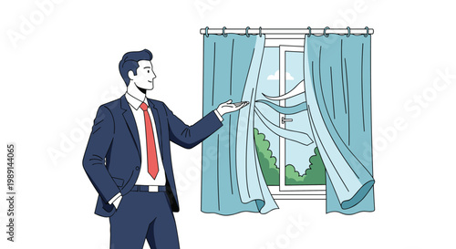 Businessman in a dark suit pointing to an open window with flowing curtains for a fresh air and ventilation concept.