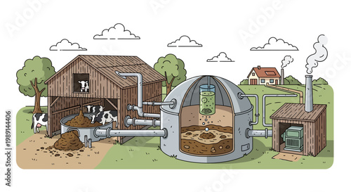 biogas production process illustration with farm animals and barn