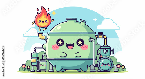 Cartoon green industrial boiler machine with smiling face and burning torch