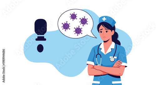 Concerned nurse in a blue medical uniform looks at virus icons while standing next to a syringe silhouette on a blue background.