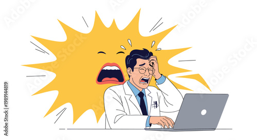 Stressed male physician in a lab coat looks overwhelmed while working at a laptop with a giant screaming face in the background.