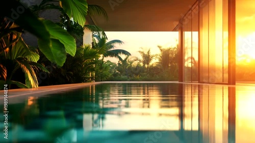 Serene sunset view of a tranquil pool surrounded by lush tropical plants in a modern setting