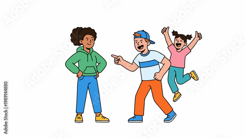 An illustration showing a child being teased and laughed at by two other children, depicting a scene of bullying or social conflict.