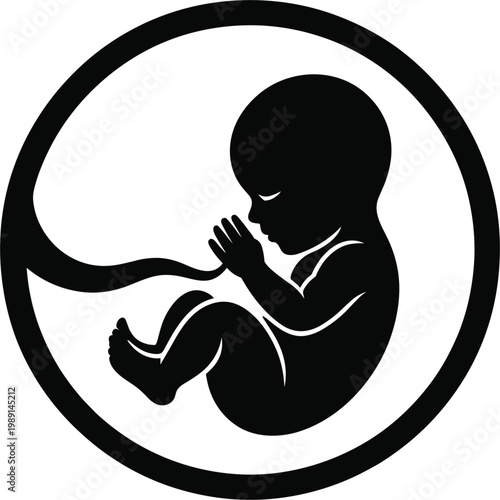 Black silhouette of a fetus inside a circle with umbilical cord Keywords: fetus, baby, unborn, pregnant, pregnancy, womb, umbilical