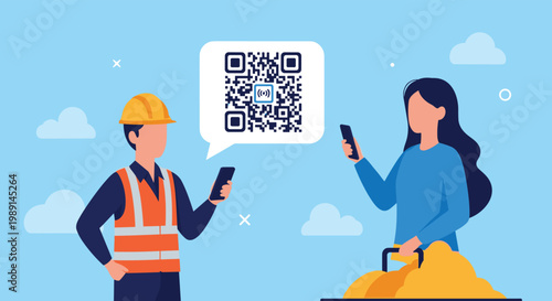 Construction worker and a woman use mobile phones to scan a large QR code displayed in a speech bubble for digital access.