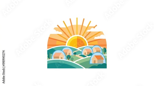 Minimalist Vector Icon of a Village Under a Rising Sun