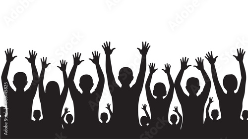 Cheering Crowd Silhouettes with Hands Raised, Audience Celebration Vector for Concerts, Success, and Community Victory