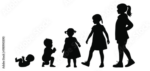 Silhouettes Showing Stages of Human Growth from Baby to Young Girl Keywords: baby, child, girl, silhouette, black, white background