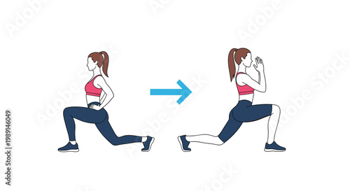 Exercise illustration shows a fit woman performing forward lunges with a blue arrow indicating the sequence of the movement.