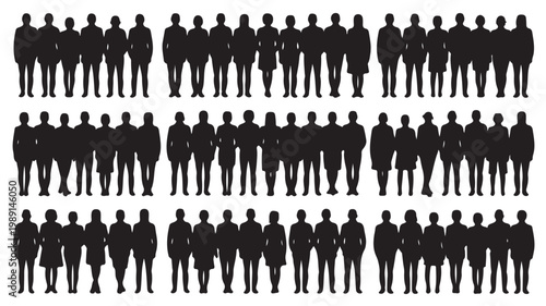 Diverse People Silhouettes Standing Together, Large Crowd Vector for Community, Population, and Global Unity Concepts