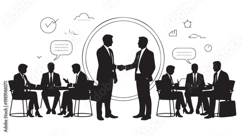 Business Handshake Silhouette, Corporate Partnership and Successful Agreement Concept with Office Icons