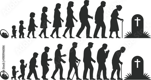 Silhouettes Depicting Human Life Cycle from Birth to Old Age and Death evolution aging