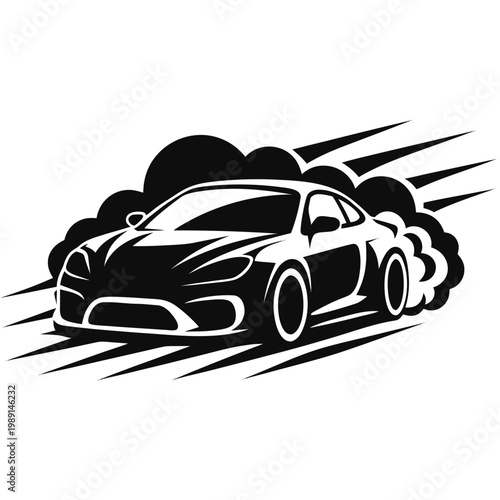 Racing car vector, speeding sports car illustration, black and white speedster, motion graphics element