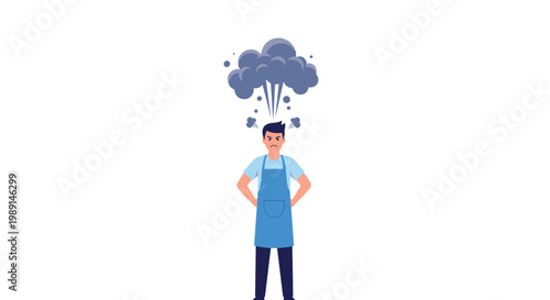 Frustrated male worker in a blue apron stands with hands on hips while a giant cloud of dark smoke rises from his head.