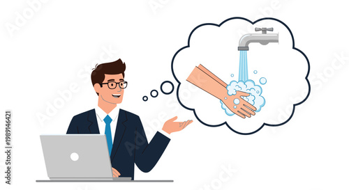 Professional businessman at his desk thinks about hand washing under a water tap to maintain health and prevent infections.