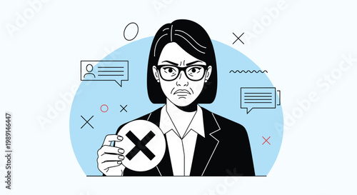 Serious businesswoman in a dark suit holds up a round sign with a black cross mark to indicate a negative or incorrect choice.