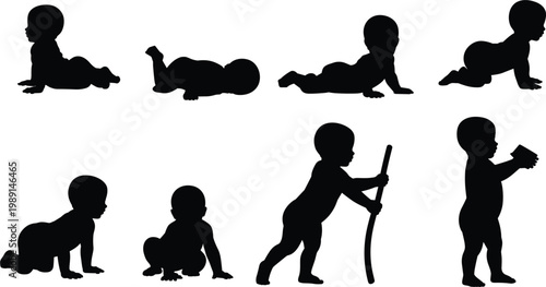 Black Silhouette Baby Crawling and Standing Poses Set on White Background isolated