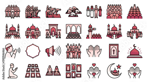 Eid al-Adha worship set of icons in filled line style. A collection of Islamic religion linear icons, including mosque, salat, prayer, muslim, ramadan, rug, faith, and more. Editable stroke.