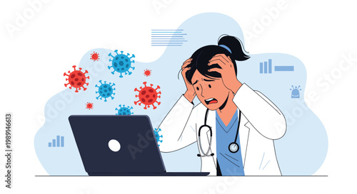 Stressed female doctor clutches her head in panic while working on a laptop surrounded by floating virus icons and data.