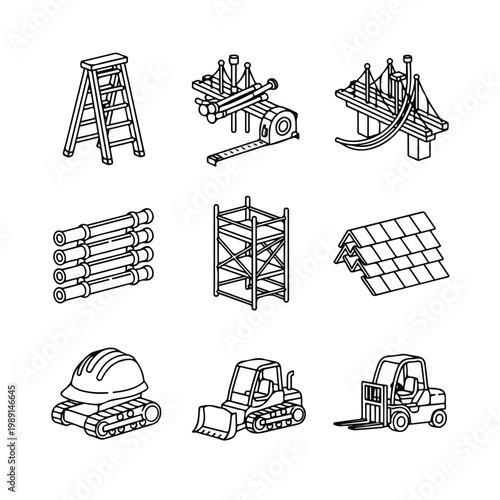 This vector features a set of nine black and white isometric line art icons depicting various construction tools, materials, and heavy machinery.