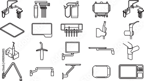 An array of detailed dental instruments and equipment arranged in a precise pattern, perfect for illustrating the tools of modern dentistry.