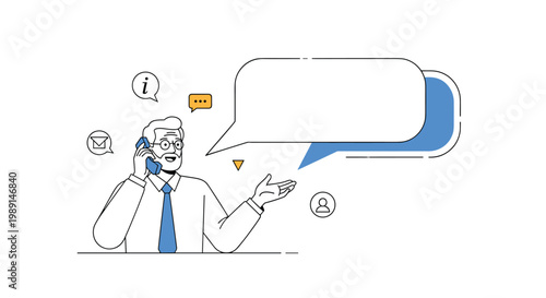 Elderly businessman in a shirt and tie talks on a blue telephone while gesturing towards a large empty speech bubble.