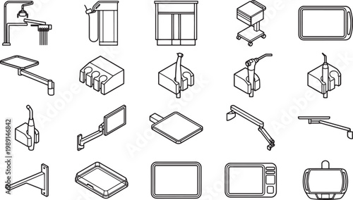 A collection of minimalist line art illustrations showcasing various pieces of modern hospital and medical equipment, each meticulously rendered in clean lines.