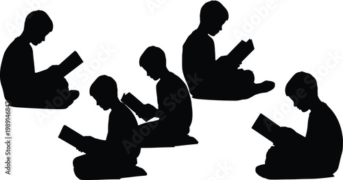 Children reading books silhouette set, kids sitting and studying isolated on white background, education learning childhood concept illustration