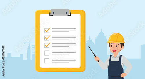 Male construction worker in a hard hat and overalls pointing at a large clipboard checklist with several tasks completed.