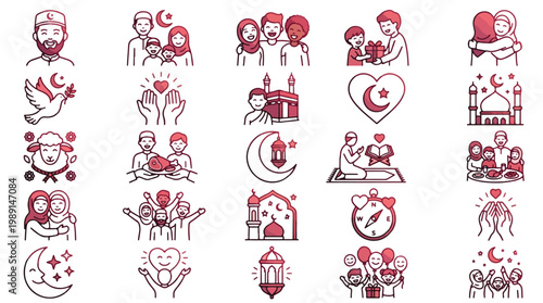 Eid al-Adha Icon Set in Red Gradient Style. A collection of Muslim tradition linear icons, including sheep, mosque, prayer, family, kaaba, lantern, quran, moon, and more. Editable stroke.