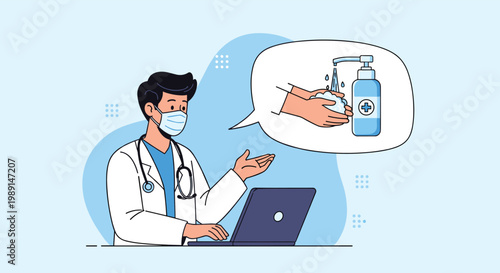 Male doctor wearing a surgical mask and stethoscope at a laptop computer explaining hand washing procedures to patients.