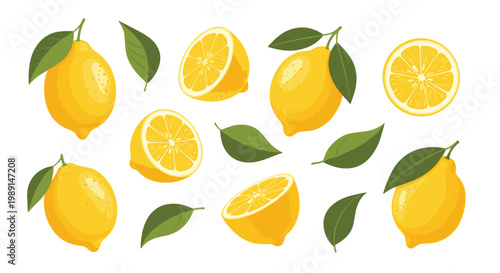 Collection of fresh yellow lemons shown as whole fruits and cut halves with green leaves scattered on a white background.