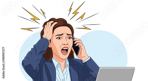 Stressed businesswoman talking on a smartphone while sitting at a laptop computer with lightning symbols around her head.