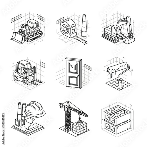 Isometric line-art icons depicting various construction elements, heavy machinery, tools, and building materials on a white background.